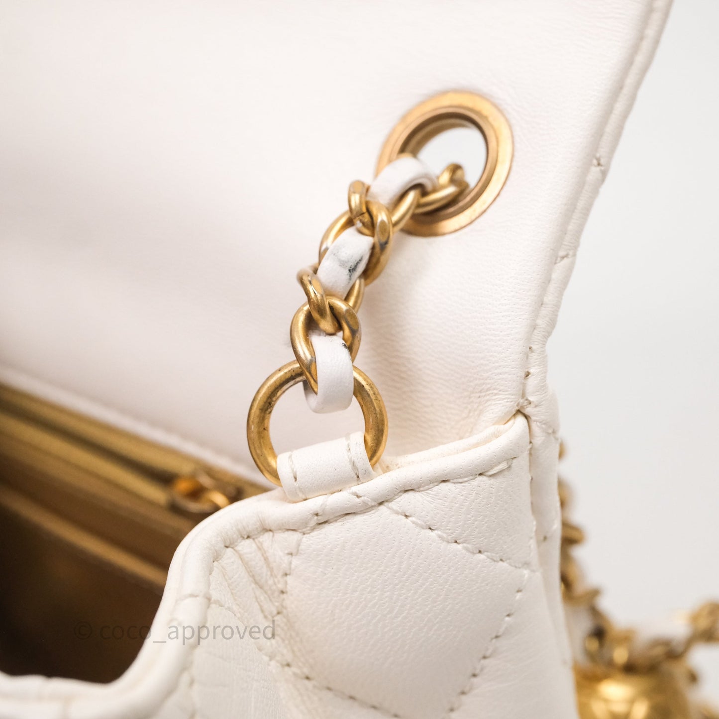 Chanel Mini Square Pearl Crush Quilted White Lambskin Aged Gold Hardware