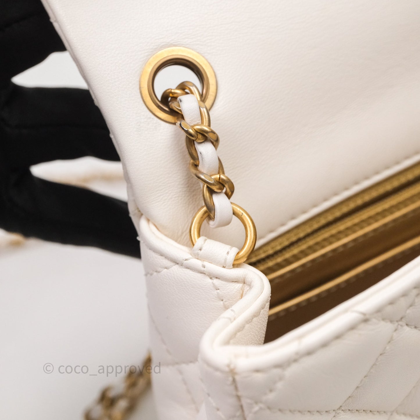 Chanel Mini Square Pearl Crush Quilted White Lambskin Aged Gold Hardware
