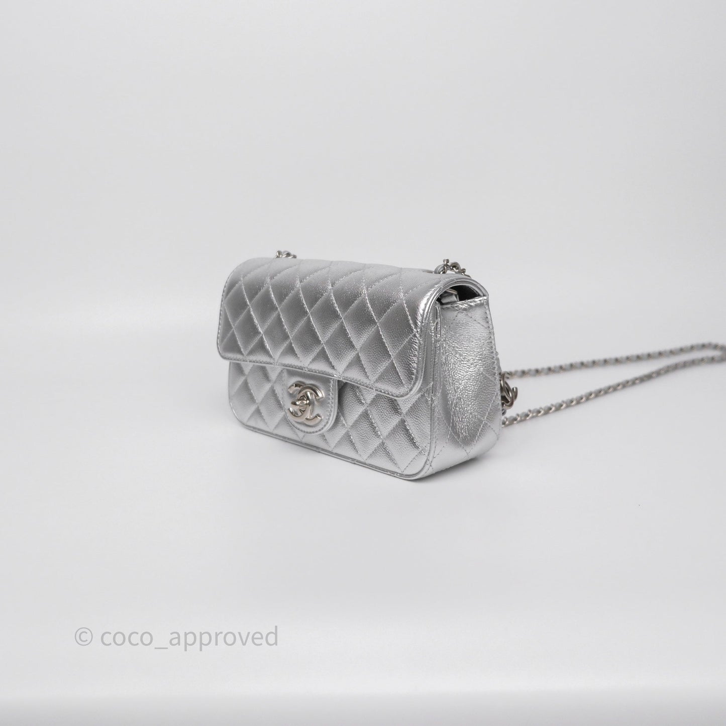Chanel Quilted Mini Rectangular With Enamel CC Adjustable Chain Metallic Silver Caviar