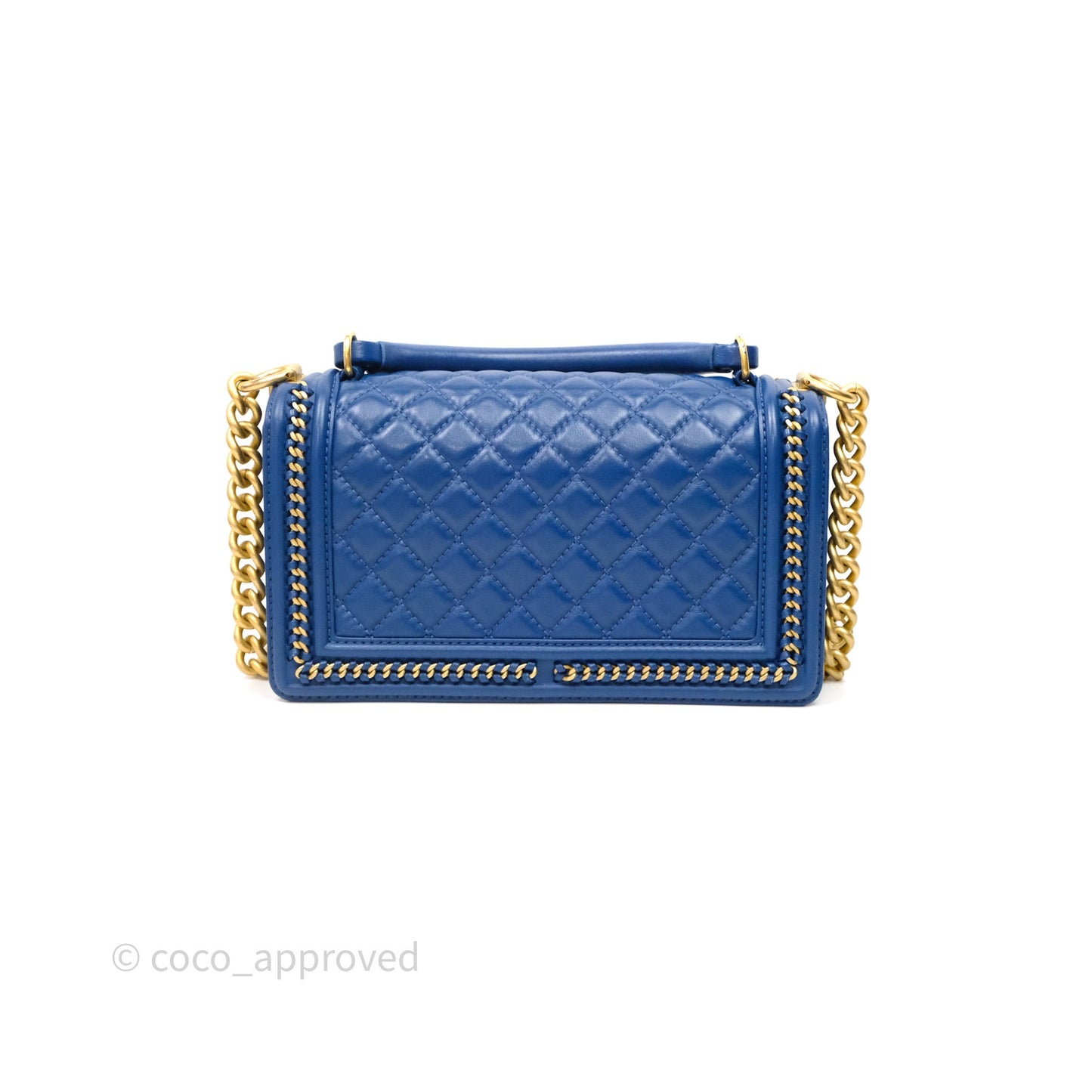 Chanel Quilted Medium Boy With Handle Blue Calfskin Aged Gold Hardware