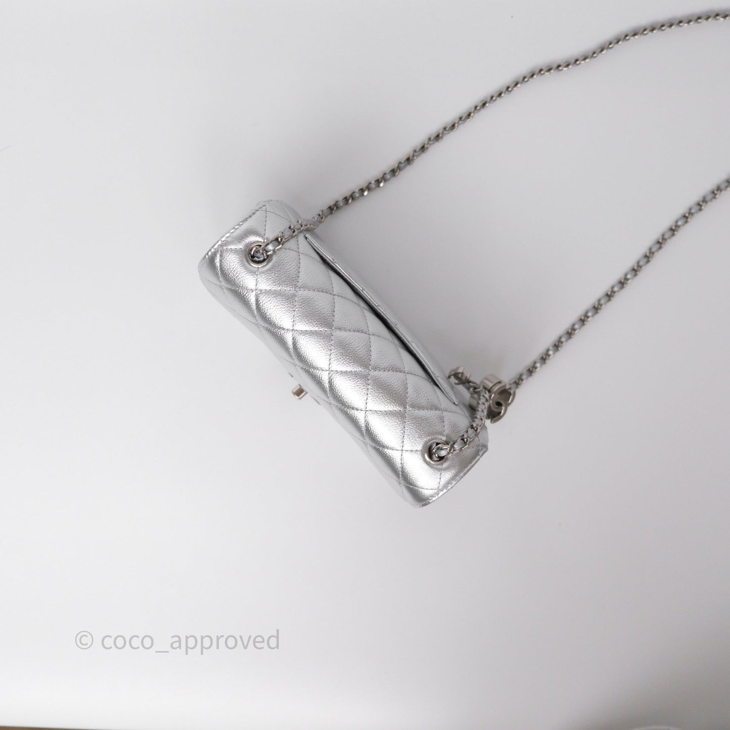 Chanel Quilted Mini Rectangular With Enamel CC Adjustable Chain Metallic Silver Caviar