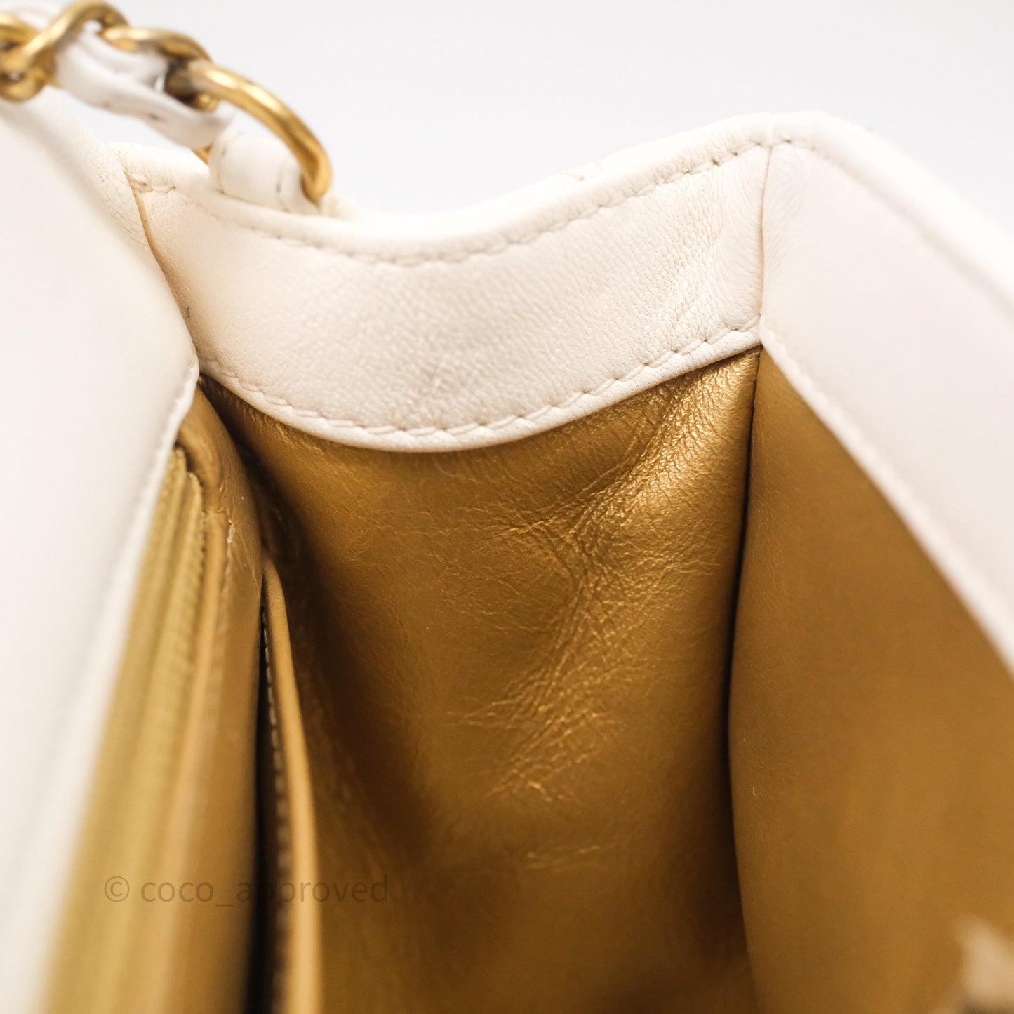 Chanel Mini Square Pearl Crush Quilted White Lambskin Aged Gold Hardware