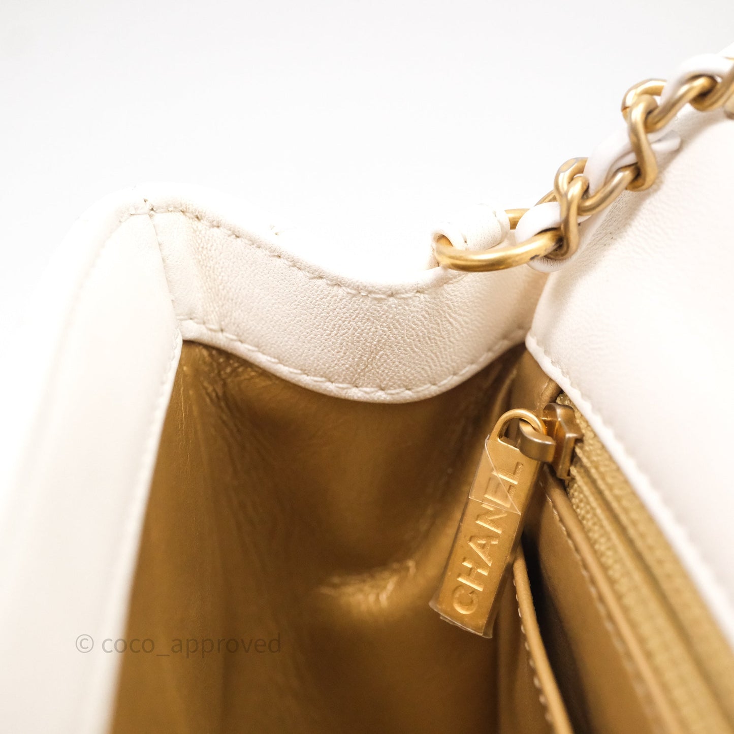 Chanel Mini Square Pearl Crush Quilted White Lambskin Aged Gold Hardware