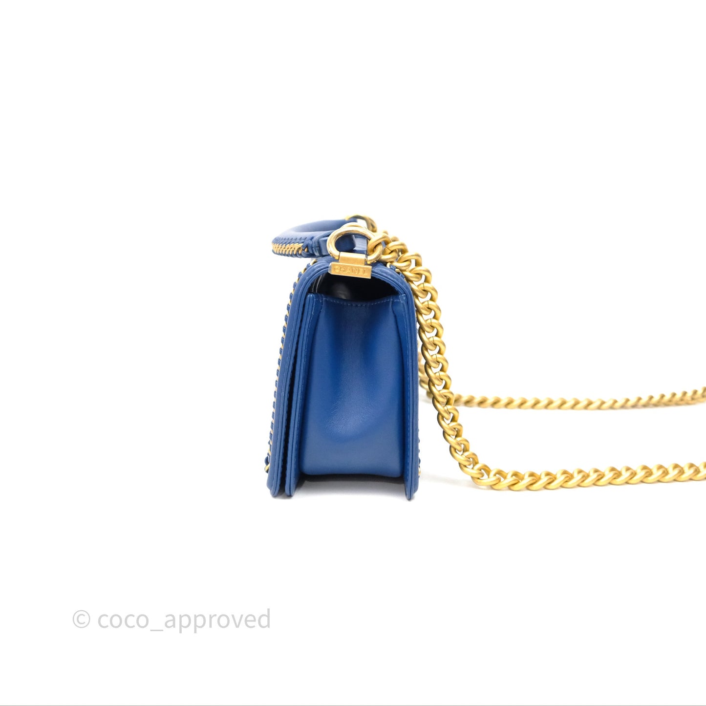 Chanel Quilted Medium Boy With Handle Blue Calfskin Aged Gold Hardware