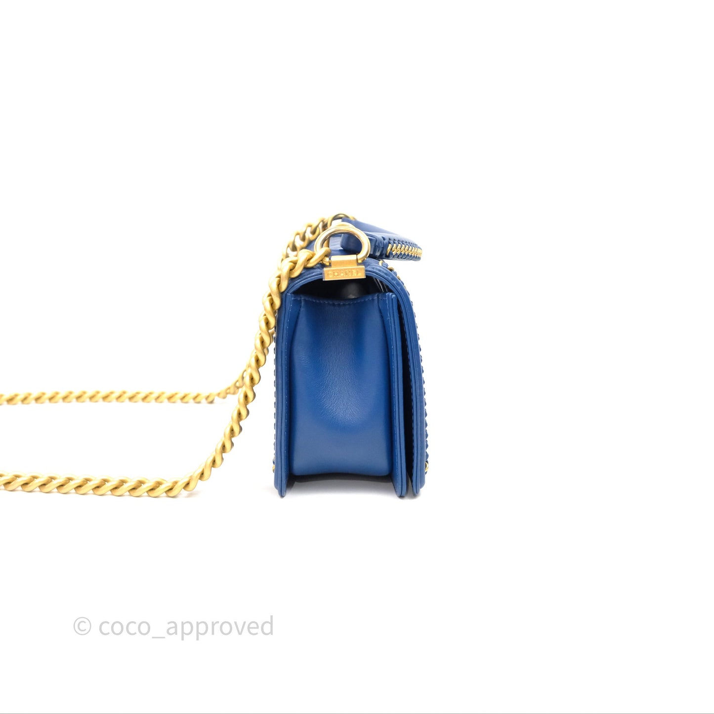 Chanel Quilted Medium Boy With Handle Blue Calfskin Aged Gold Hardware