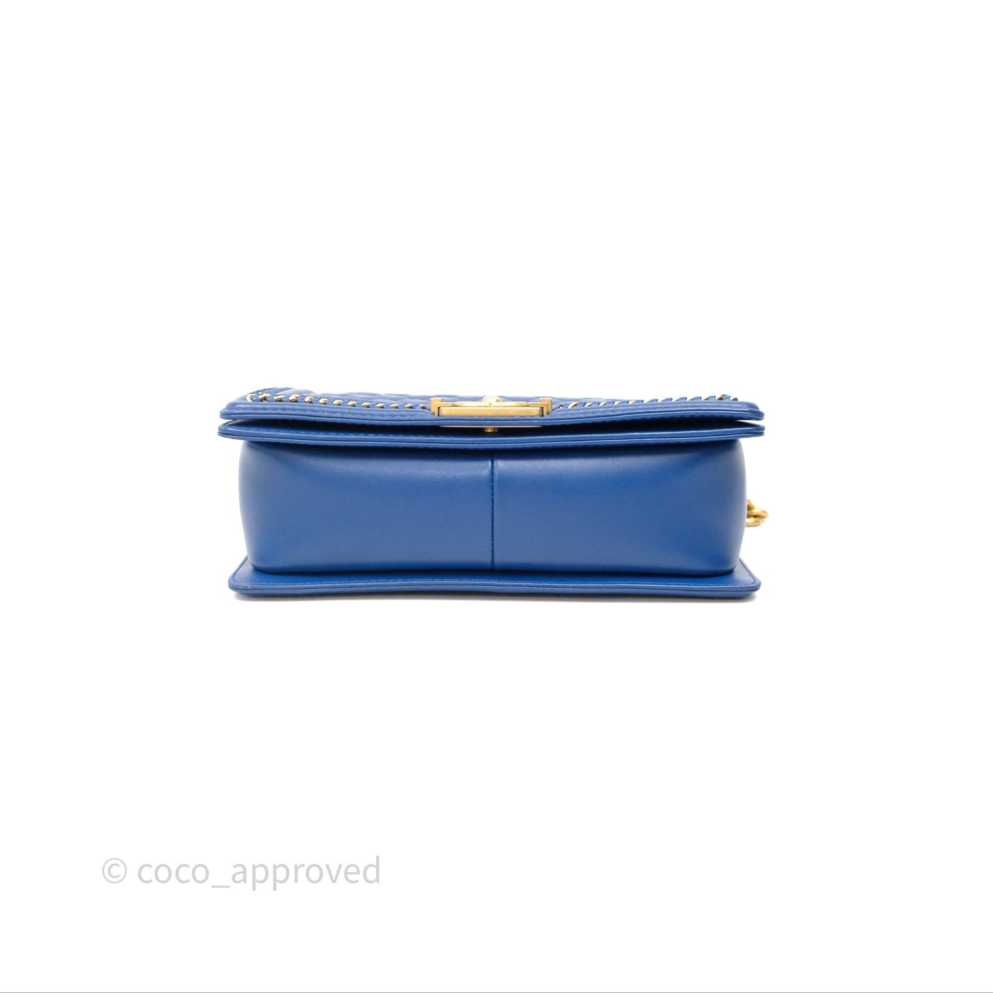 Chanel Quilted Medium Boy With Handle Blue Calfskin Aged Gold Hardware