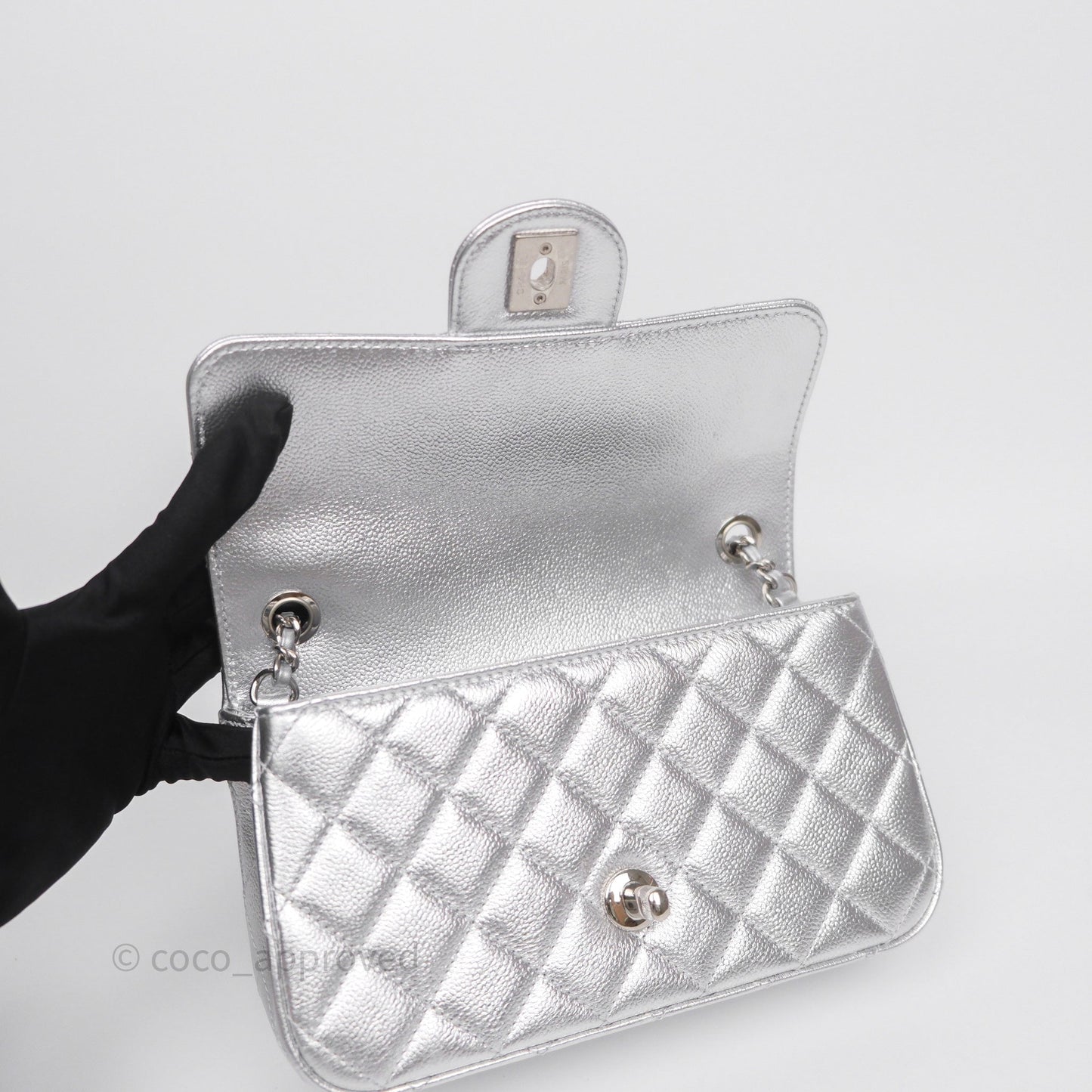 Chanel Quilted Mini Rectangular With Enamel CC Adjustable Chain Metallic Silver Caviar