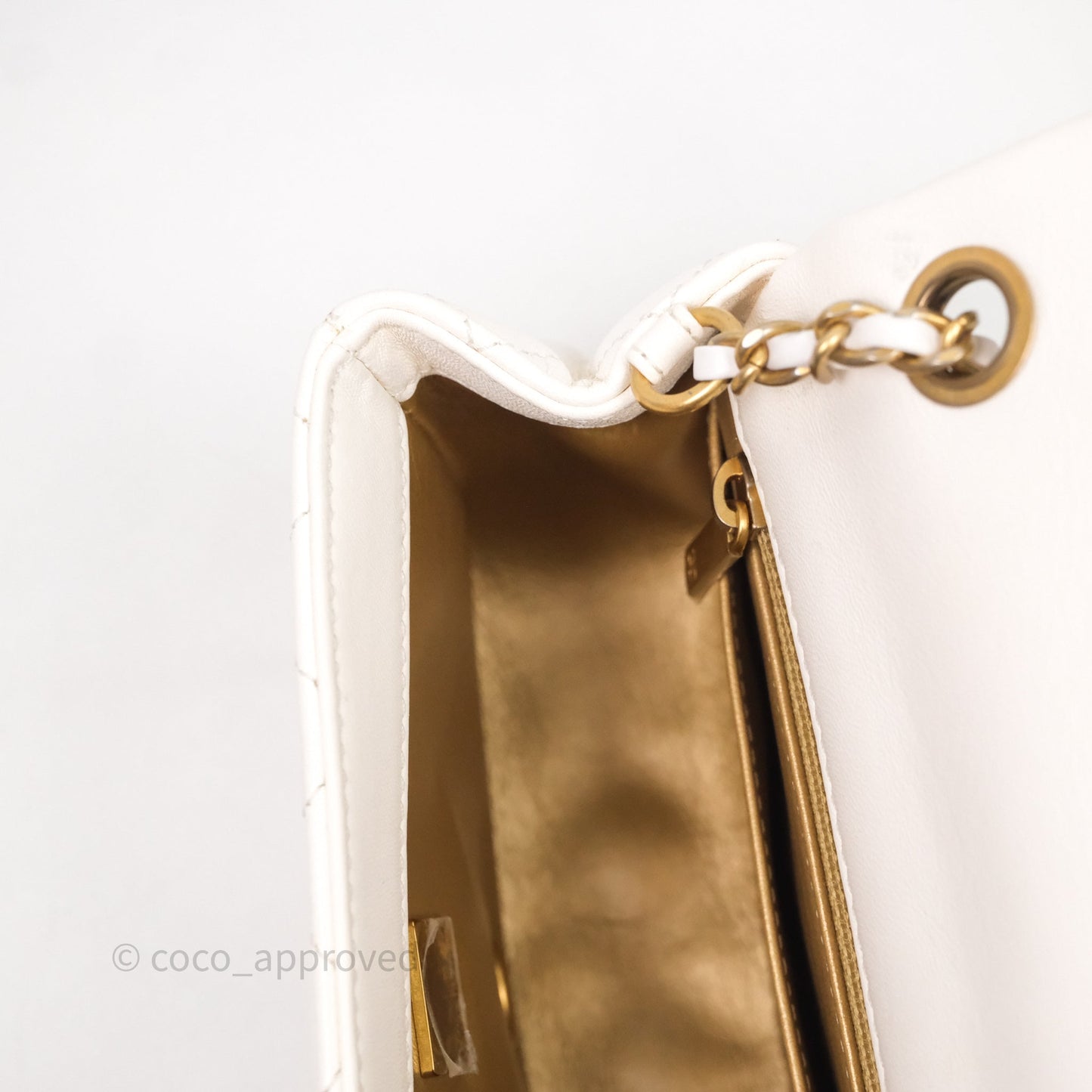 Chanel Mini Square Pearl Crush Quilted White Lambskin Aged Gold Hardware