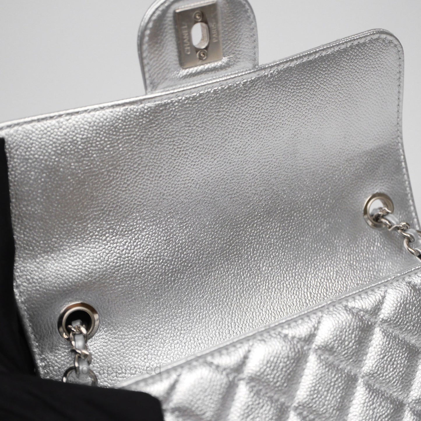 Chanel Quilted Mini Rectangular With Enamel CC Adjustable Chain Metallic Silver Caviar
