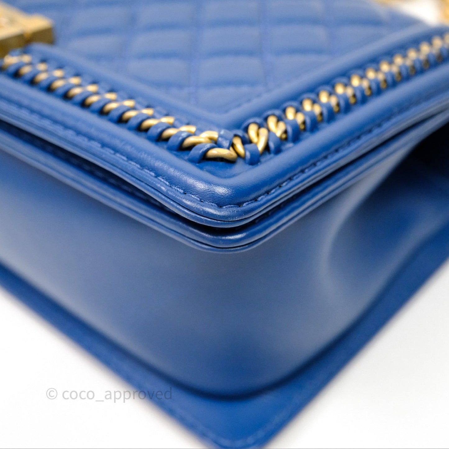 Chanel Quilted Medium Boy With Handle Blue Calfskin Aged Gold Hardware