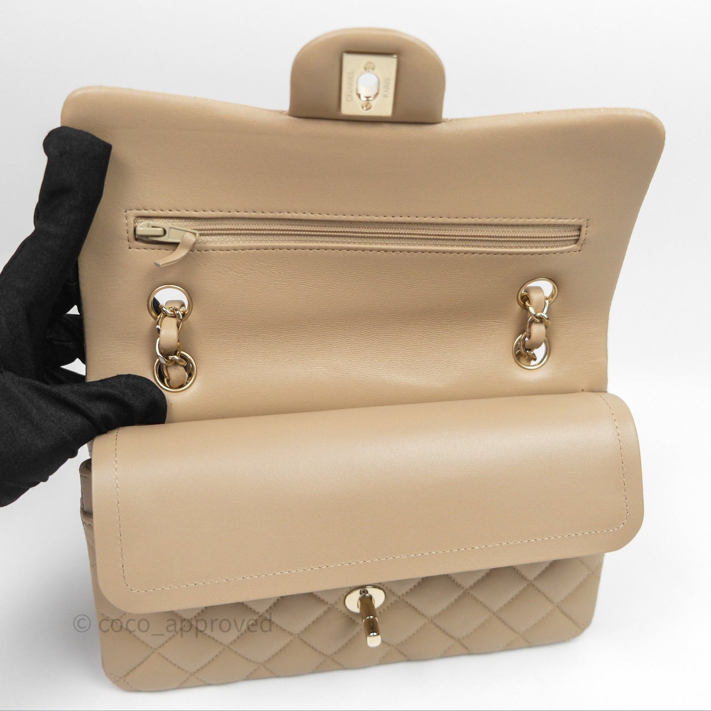 Chanel Small Quilted Classic Flap Beige Lambskin Gold Hardware