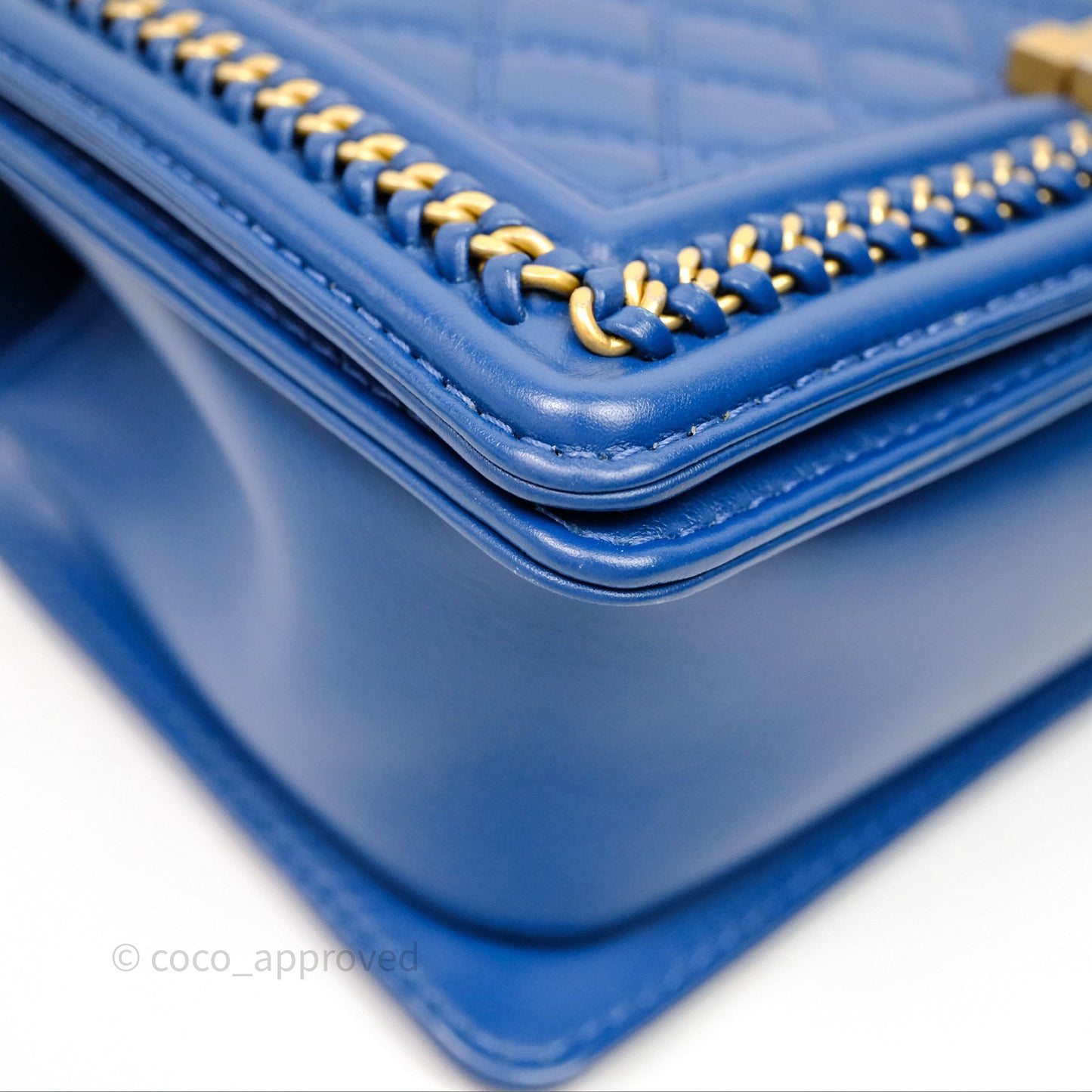 Chanel Quilted Medium Boy With Handle Blue Calfskin Aged Gold Hardware