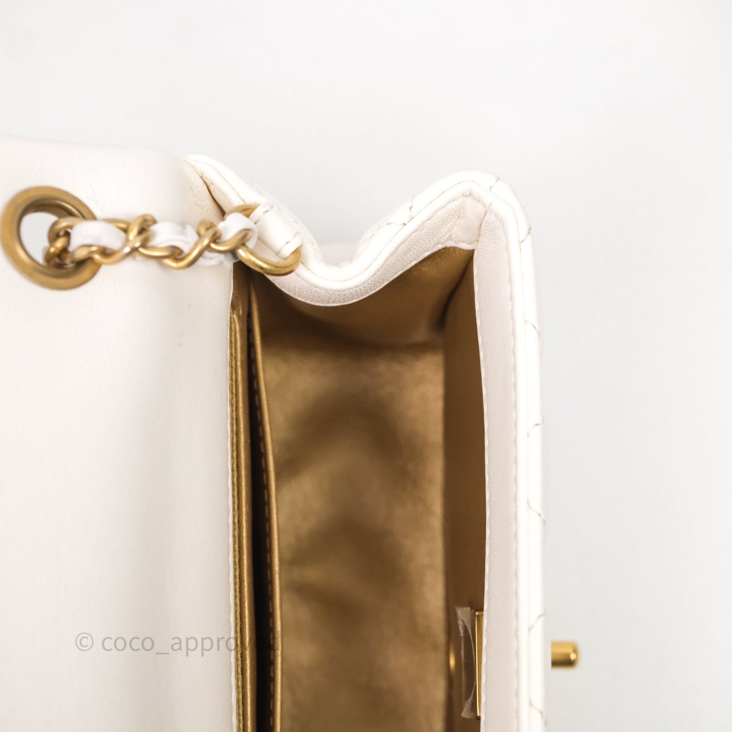Chanel Mini Square Pearl Crush Quilted White Lambskin Aged Gold Hardware