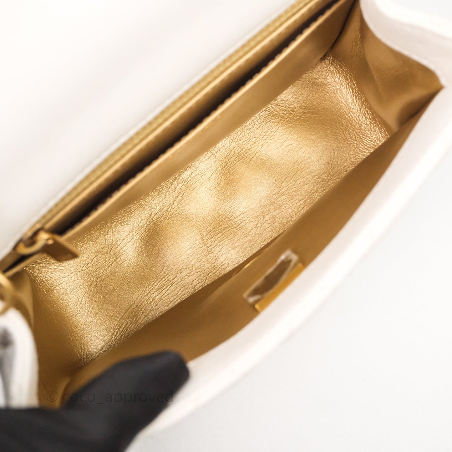 Chanel Mini Square Pearl Crush Quilted White Lambskin Aged Gold Hardware