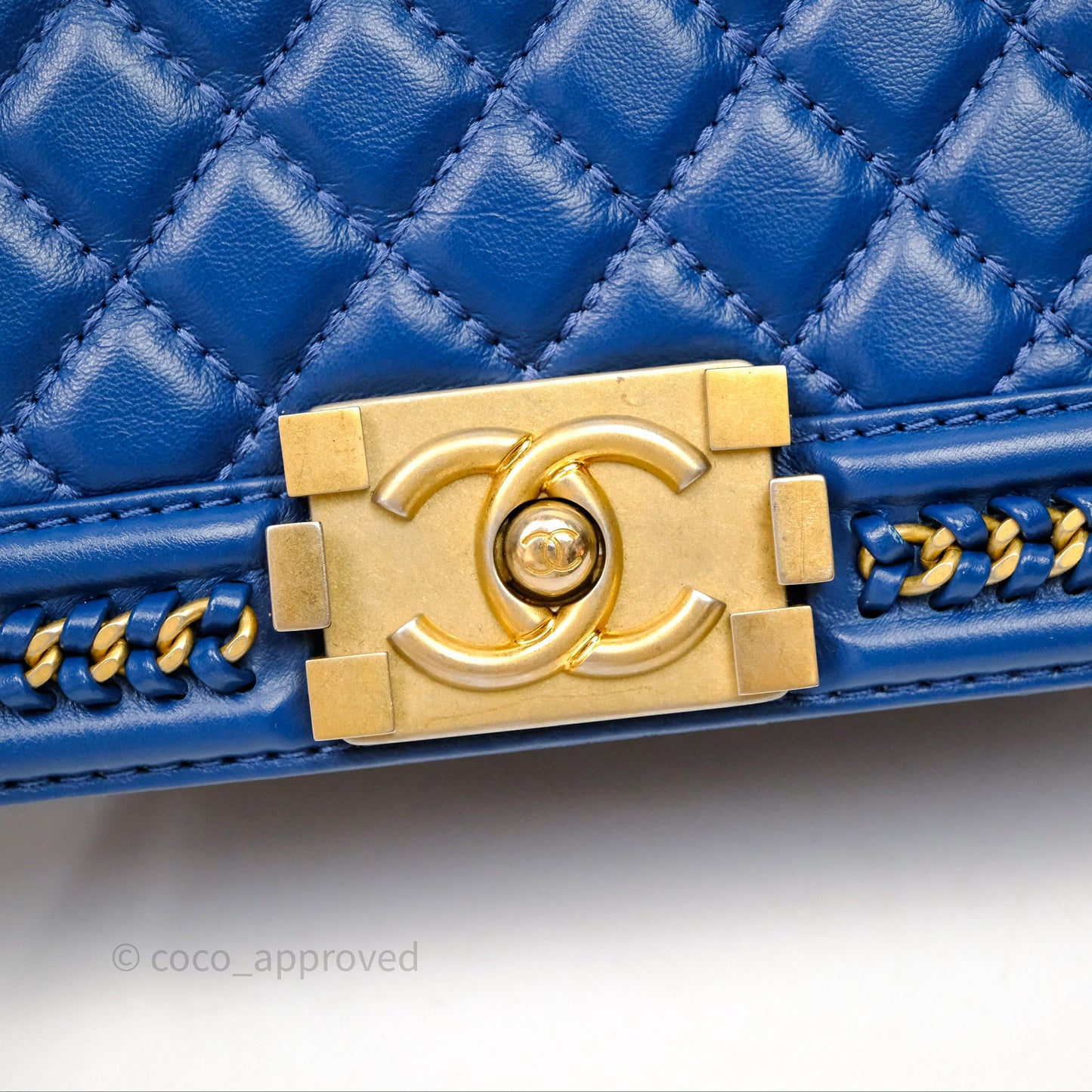 Chanel Quilted Medium Boy With Handle Blue Calfskin Aged Gold Hardware