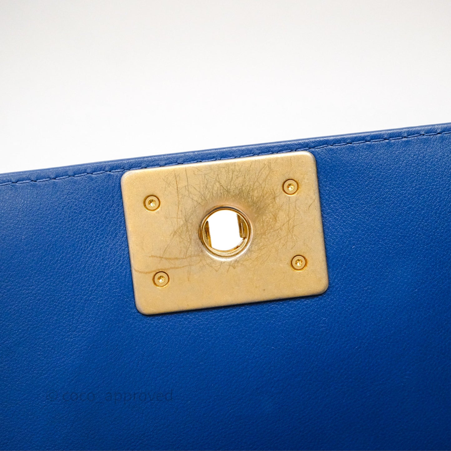 Chanel Quilted Medium Boy With Handle Blue Calfskin Aged Gold Hardware