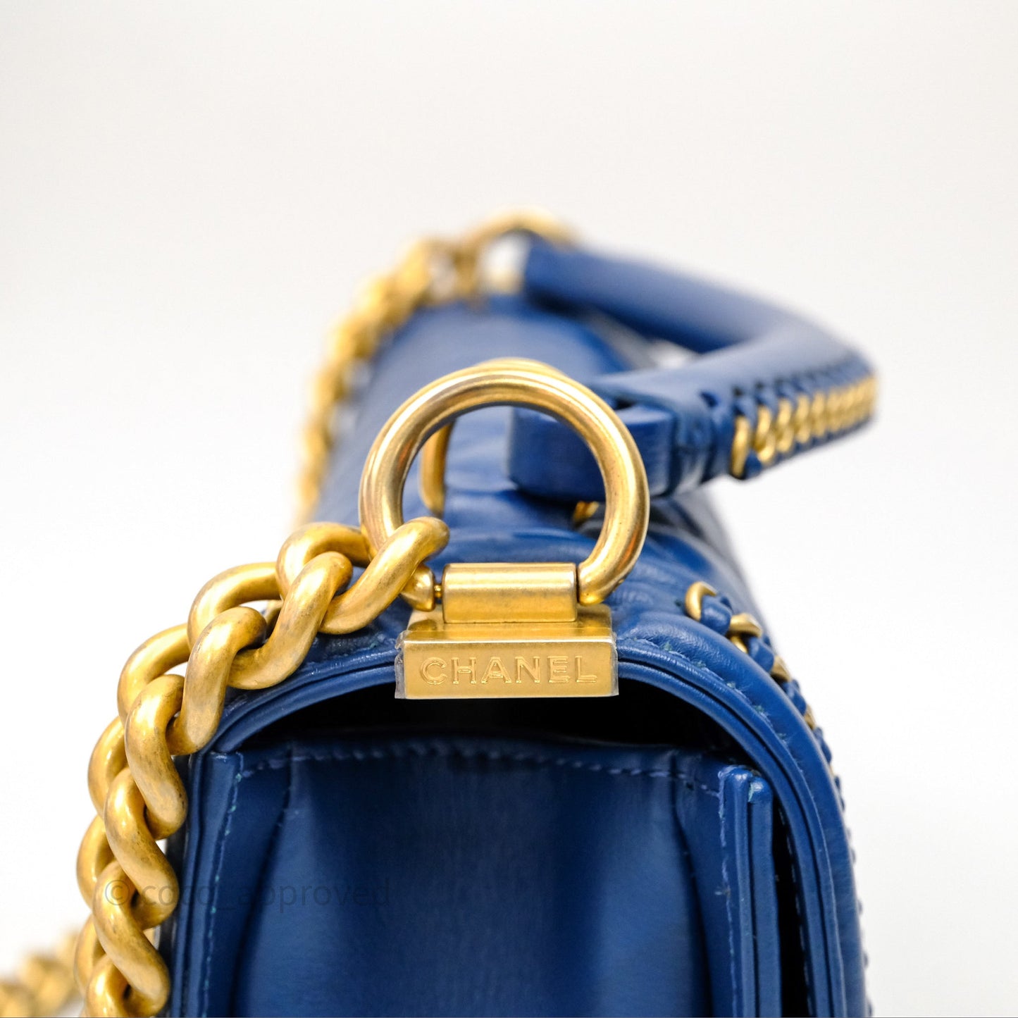 Chanel Quilted Medium Boy With Handle Blue Calfskin Aged Gold Hardware
