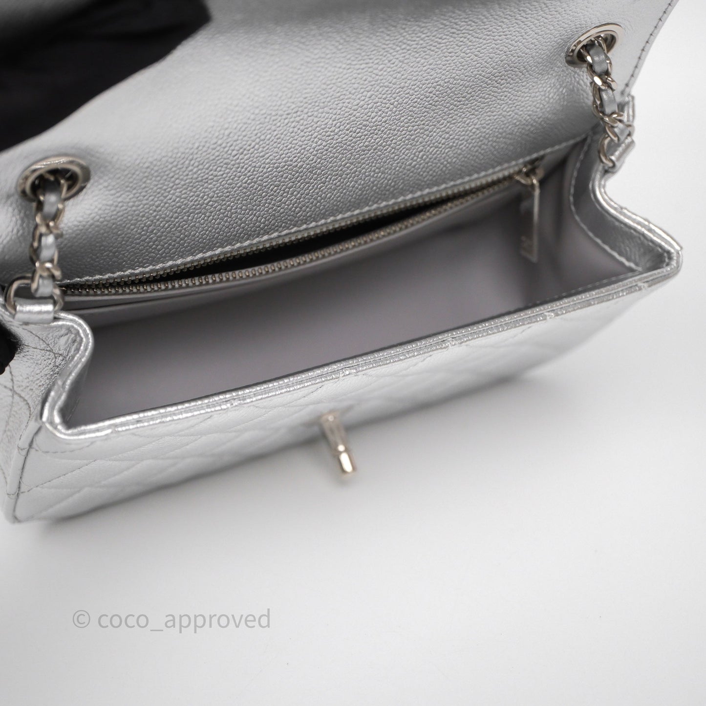 Chanel Quilted Mini Rectangular With Enamel CC Adjustable Chain Metallic Silver Caviar