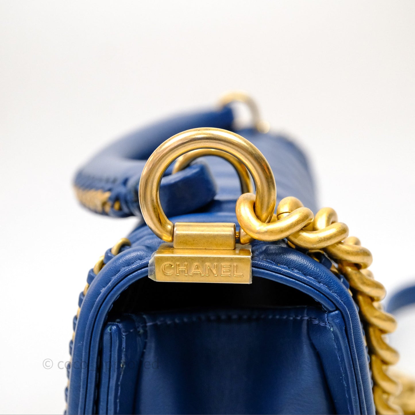 Chanel Quilted Medium Boy With Handle Blue Calfskin Aged Gold Hardware