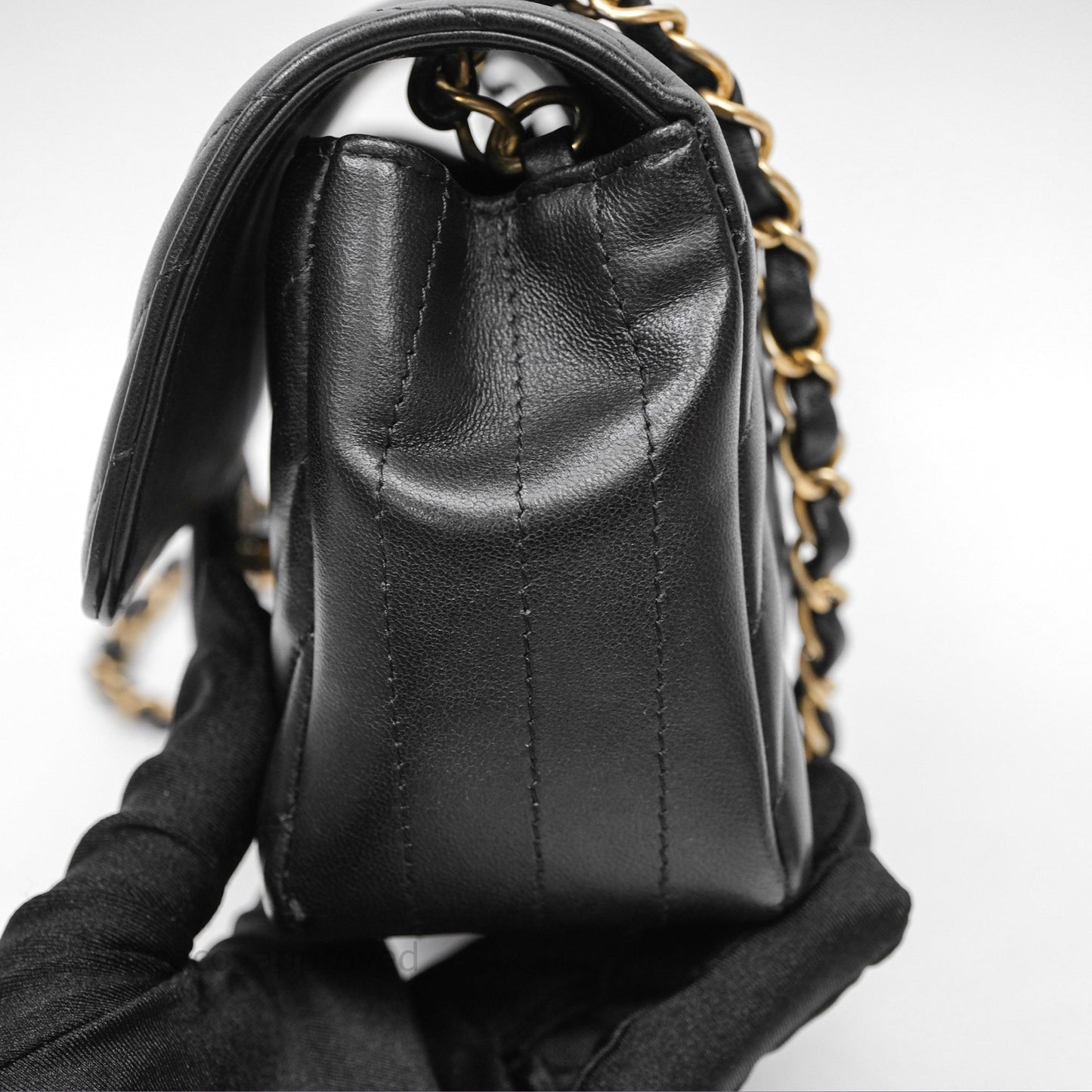 Chanel Mini Rectangular Chevron Black Lambskin Aged Gold Hardware