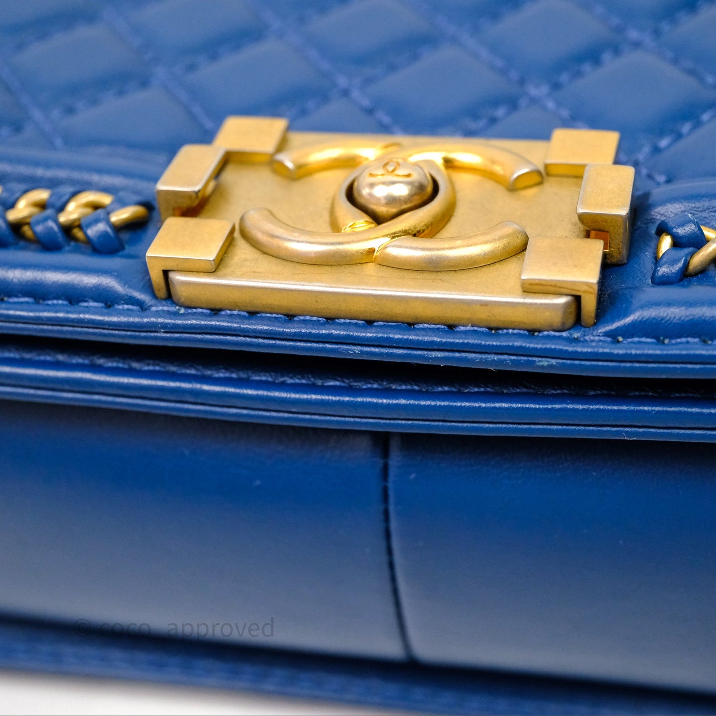 Chanel Quilted Medium Boy With Handle Blue Calfskin Aged Gold Hardware