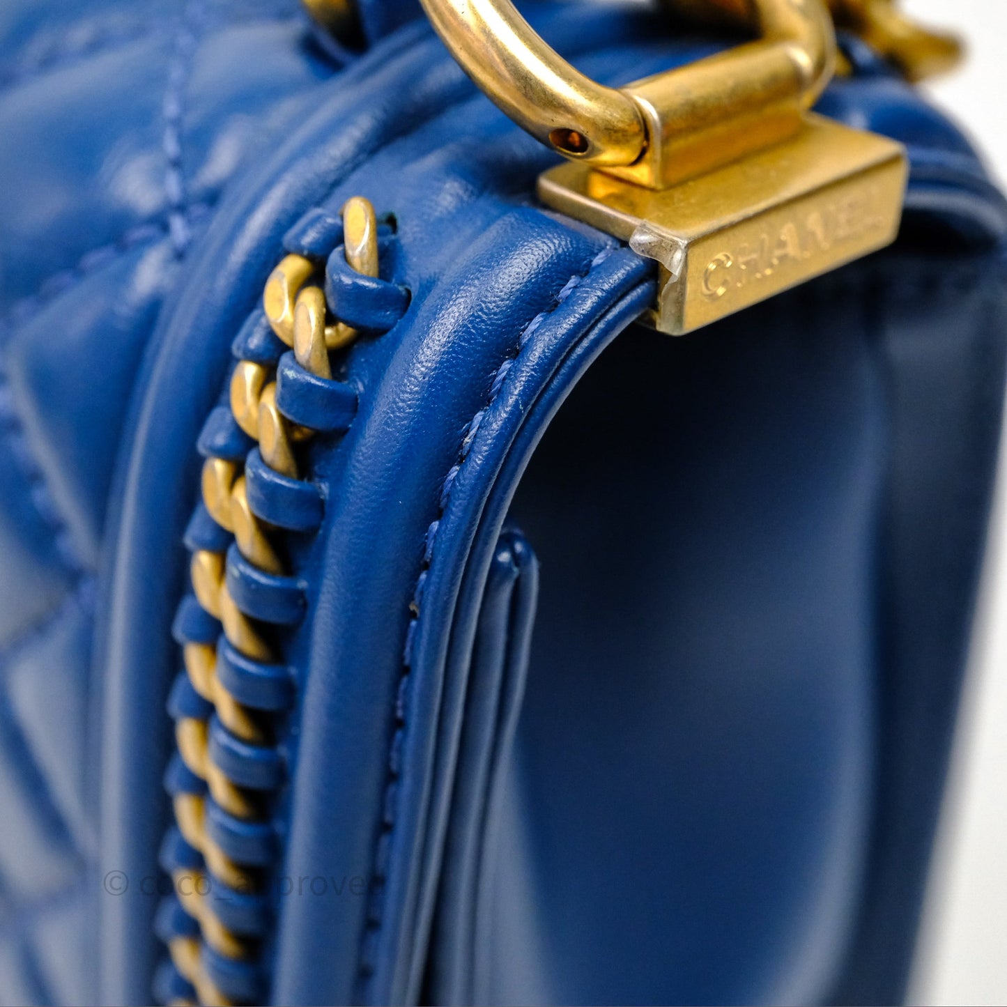 Chanel Quilted Medium Boy With Handle Blue Calfskin Aged Gold Hardware