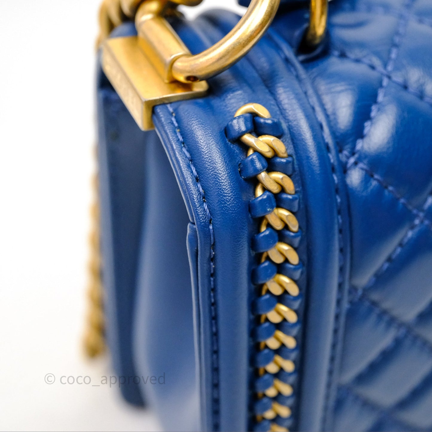 Chanel Quilted Medium Boy With Handle Blue Calfskin Aged Gold Hardware