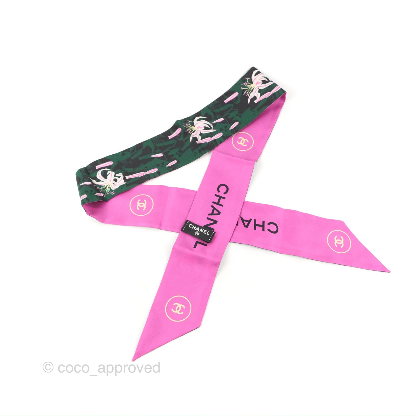 Chanel Flora Silk Twilly Scarf Black/Green/Pink 23A