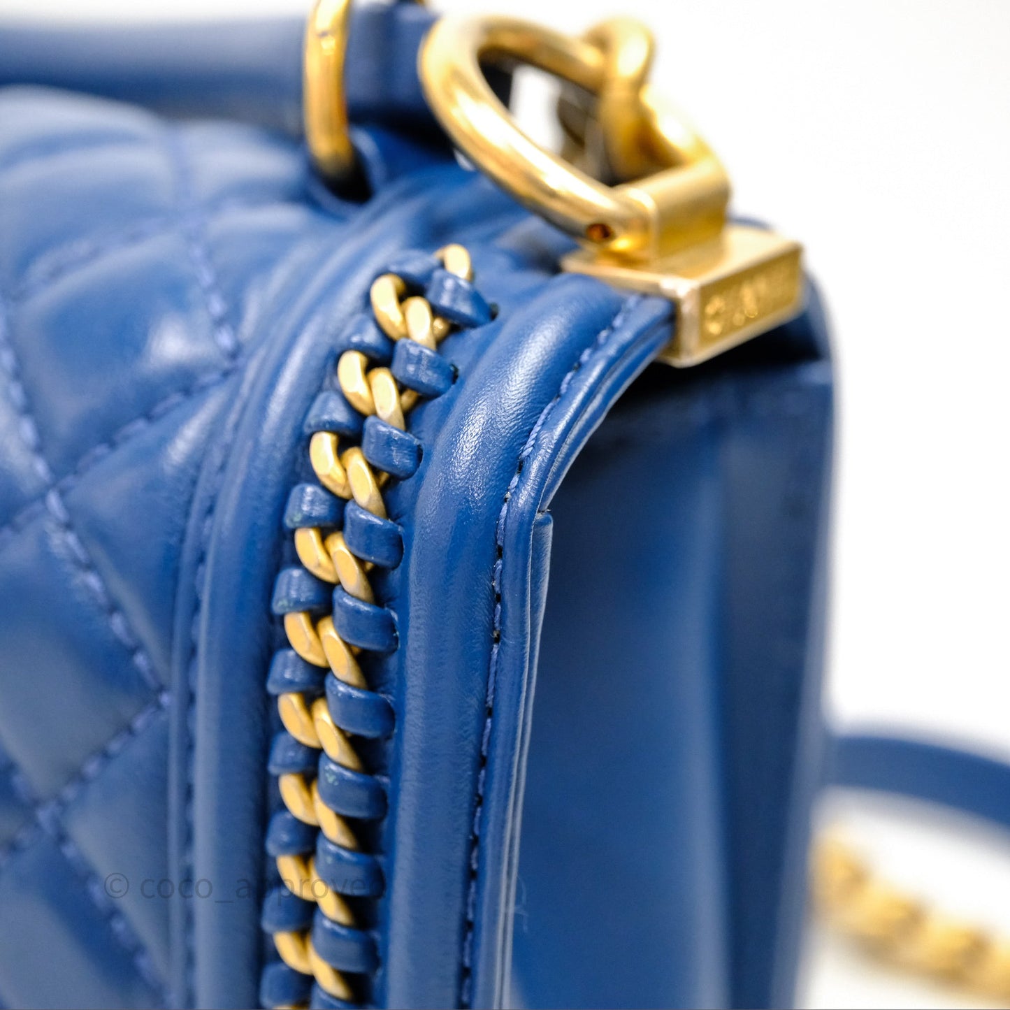 Chanel Quilted Medium Boy With Handle Blue Calfskin Aged Gold Hardware