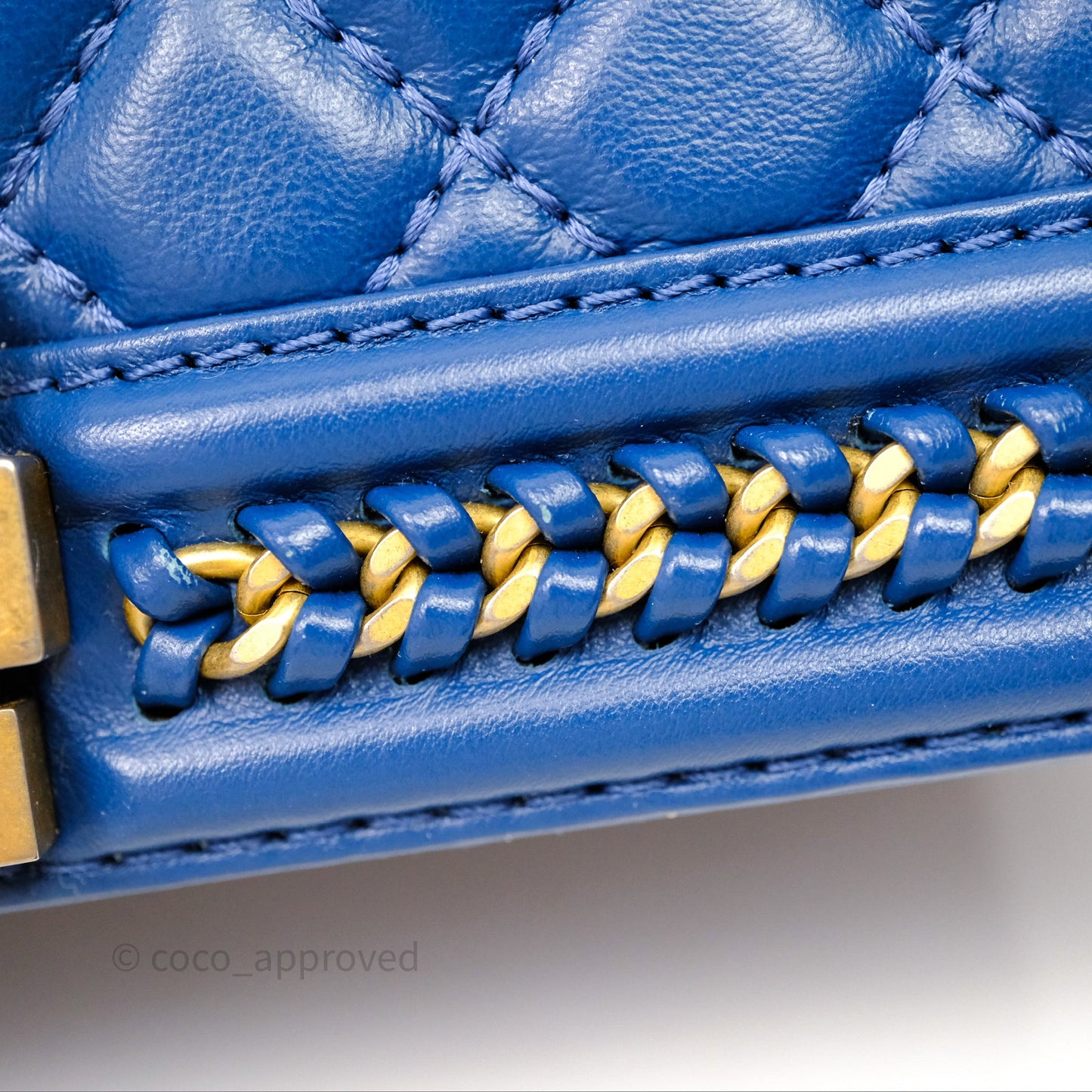 Chanel Quilted Medium Boy With Handle Blue Calfskin Aged Gold Hardware