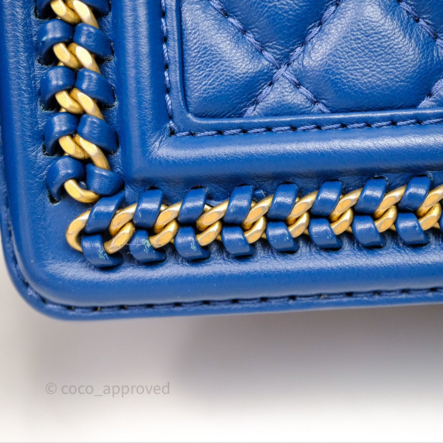 Chanel Quilted Medium Boy With Handle Blue Calfskin Aged Gold Hardware