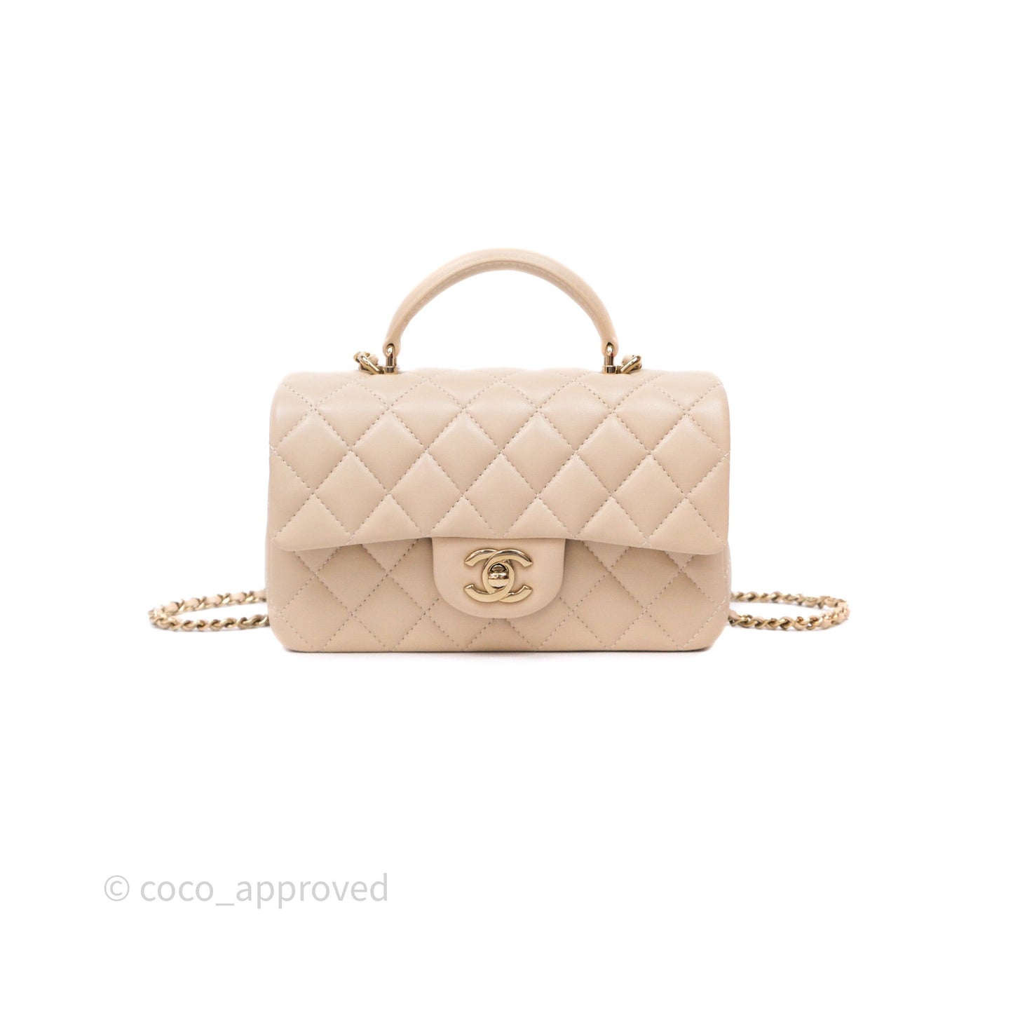 Chanel Top Handle Mini Rectangular Flap Beige Lambskin Gold Hardware