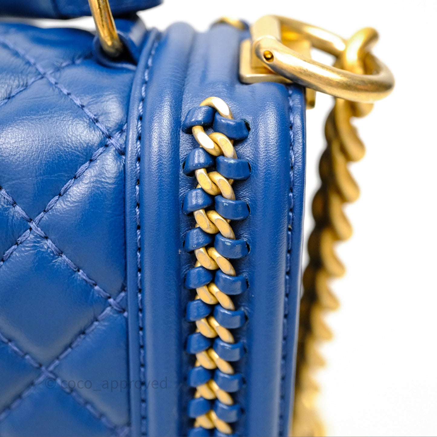 Chanel Quilted Medium Boy With Handle Blue Calfskin Aged Gold Hardware