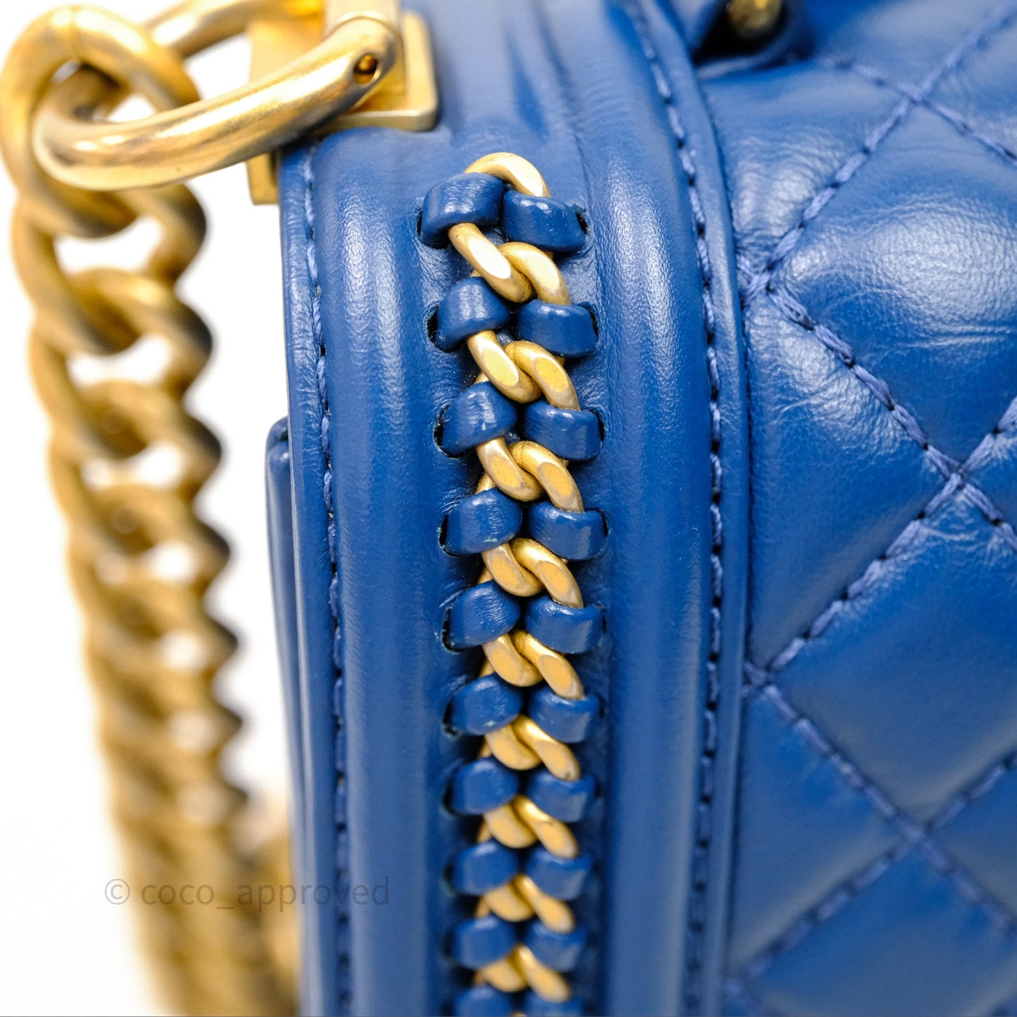 Chanel Quilted Medium Boy With Handle Blue Calfskin Aged Gold Hardware