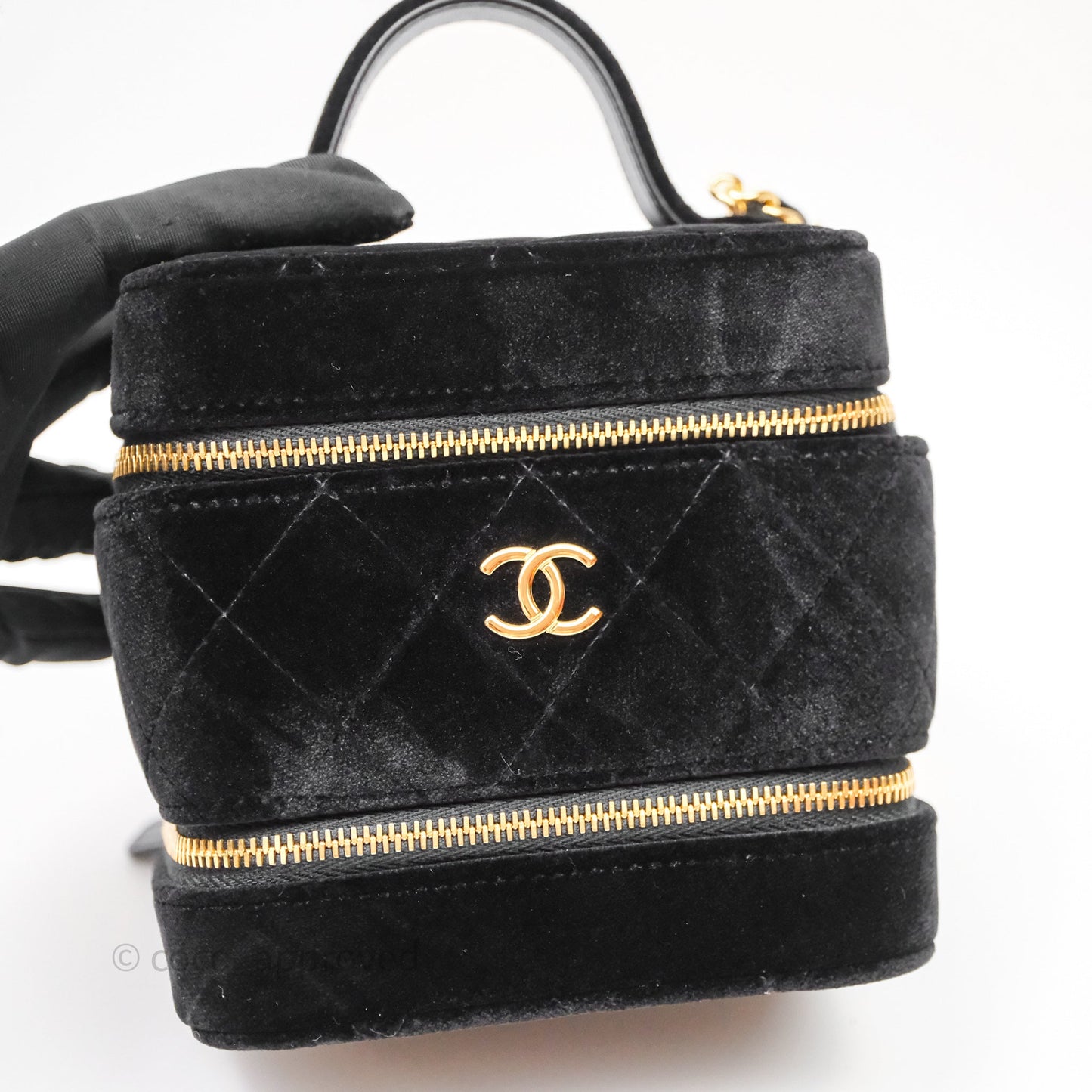 Chanel Top Handle Vanity With Chain Black Velvet Gold Hardware