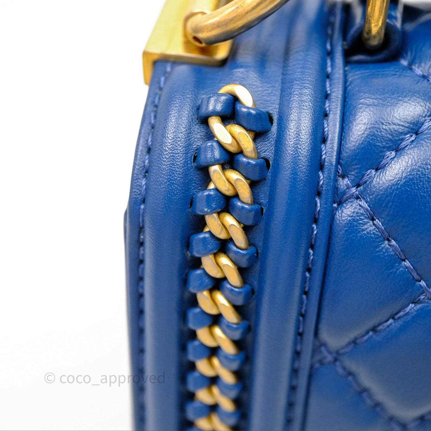 Chanel Quilted Medium Boy With Handle Blue Calfskin Aged Gold Hardware