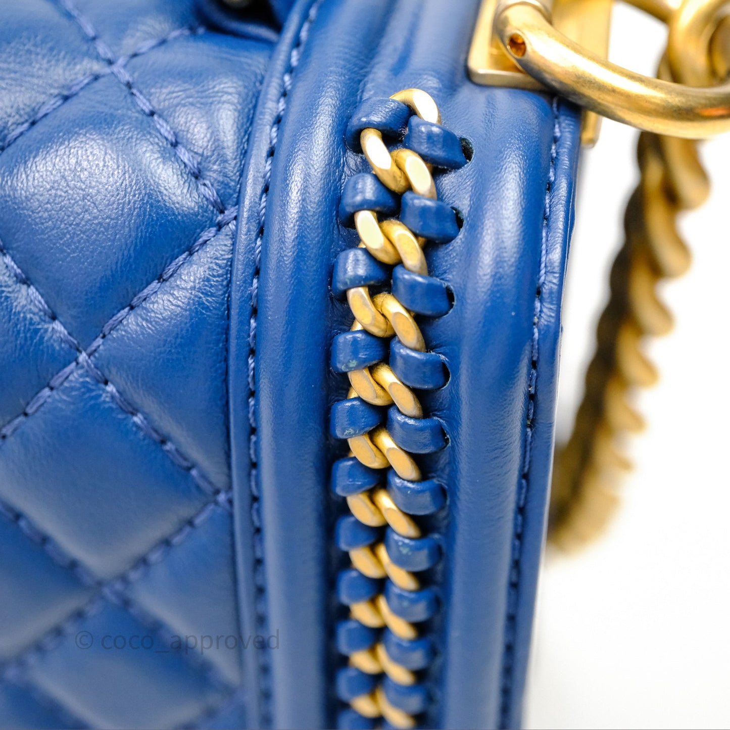Chanel Quilted Medium Boy With Handle Blue Calfskin Aged Gold Hardware