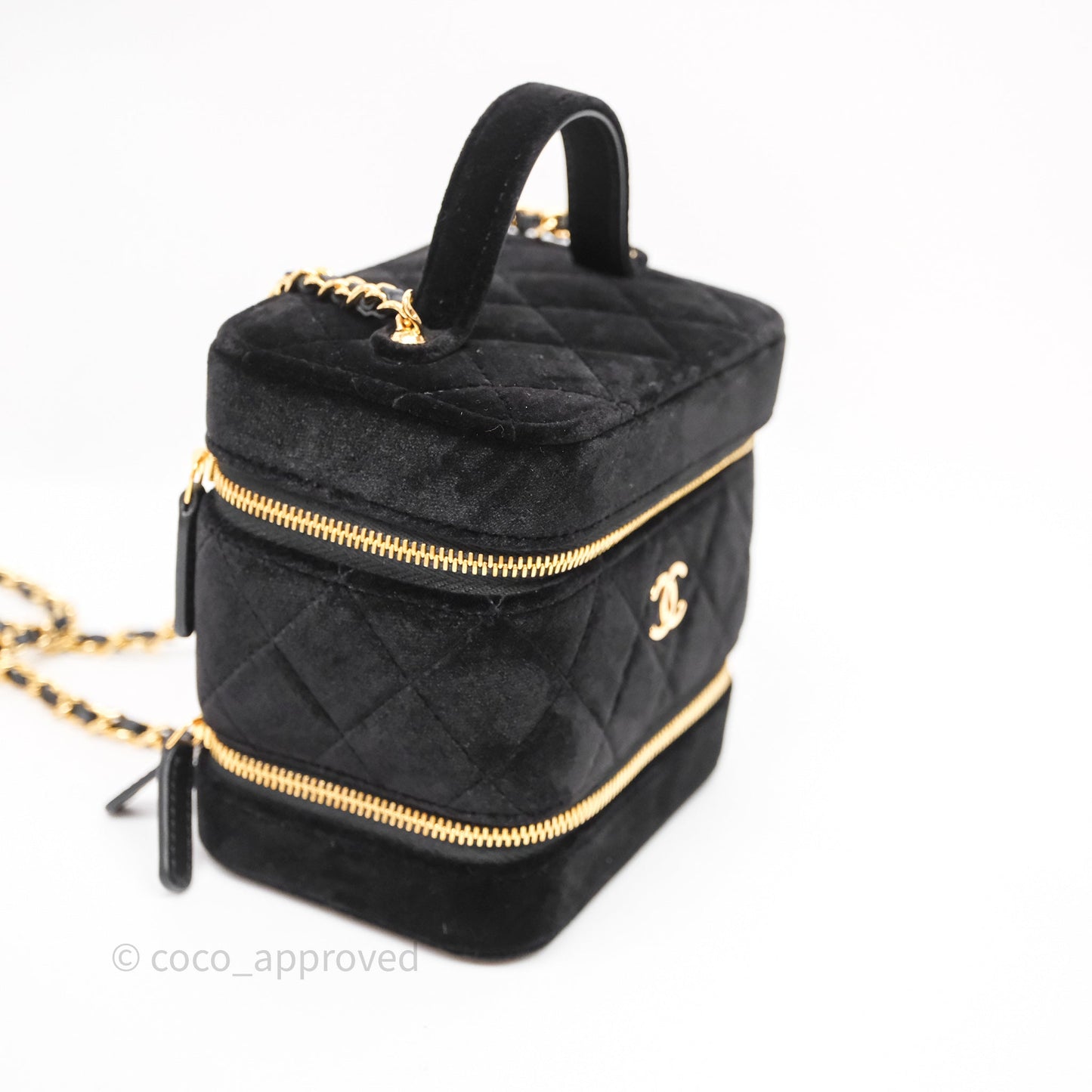 Chanel Top Handle Vanity With Chain Black Velvet Gold Hardware