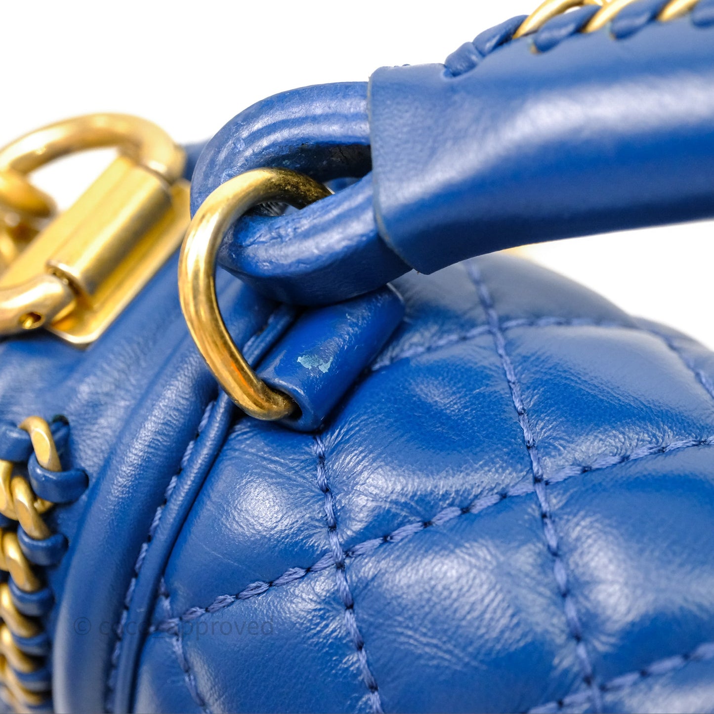 Chanel Quilted Medium Boy With Handle Blue Calfskin Aged Gold Hardware