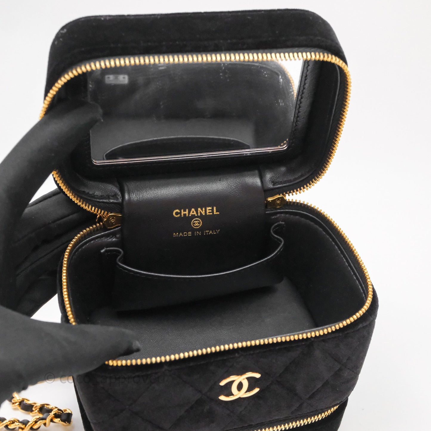 Chanel Top Handle Vanity With Chain Black Velvet Gold Hardware