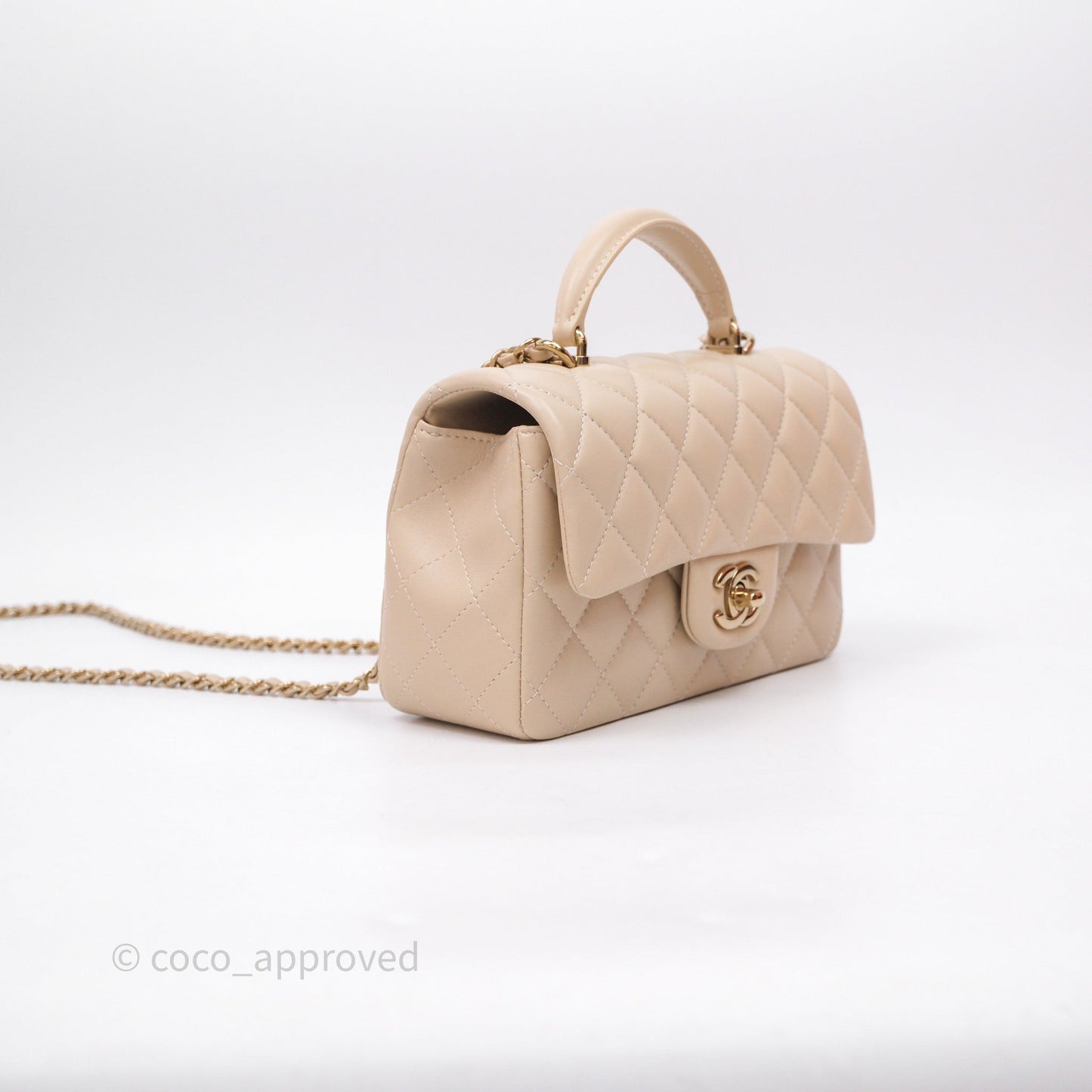 Chanel Top Handle Mini Rectangular Flap Beige Lambskin Gold Hardware