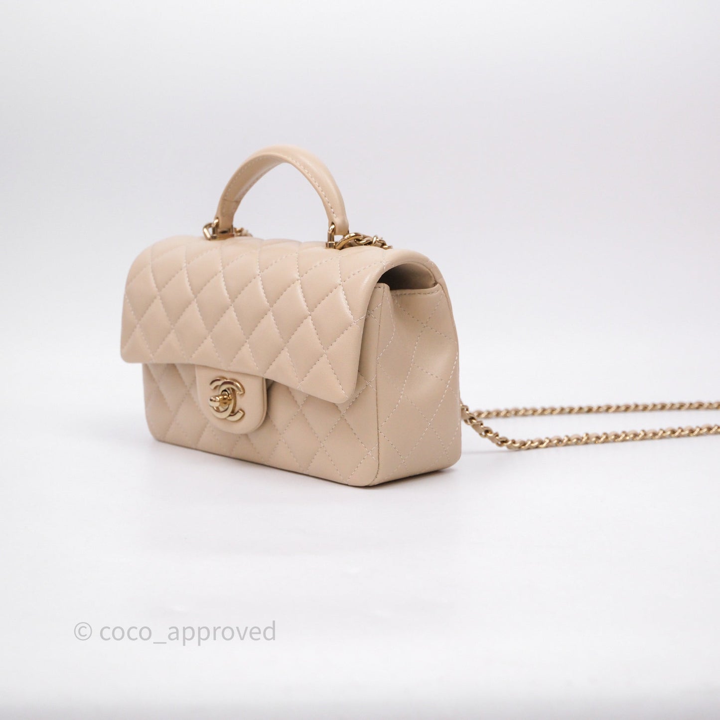 Chanel Top Handle Mini Rectangular Flap Beige Lambskin Gold Hardware