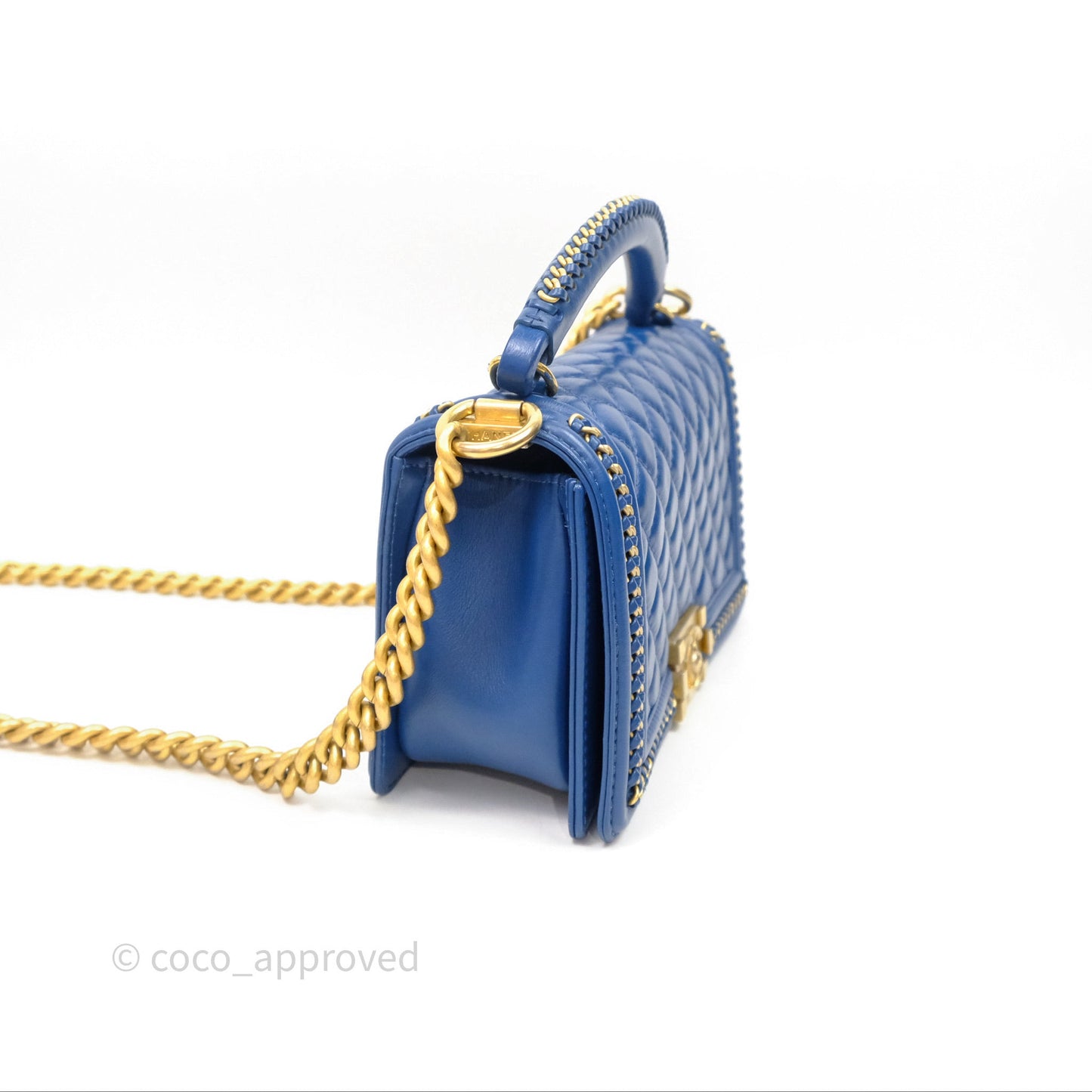 Chanel Quilted Medium Boy With Handle Blue Calfskin Aged Gold Hardware