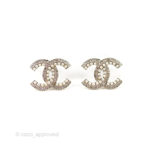 Chanel CC Pearl Crystal Earrings Silver Tone 19K