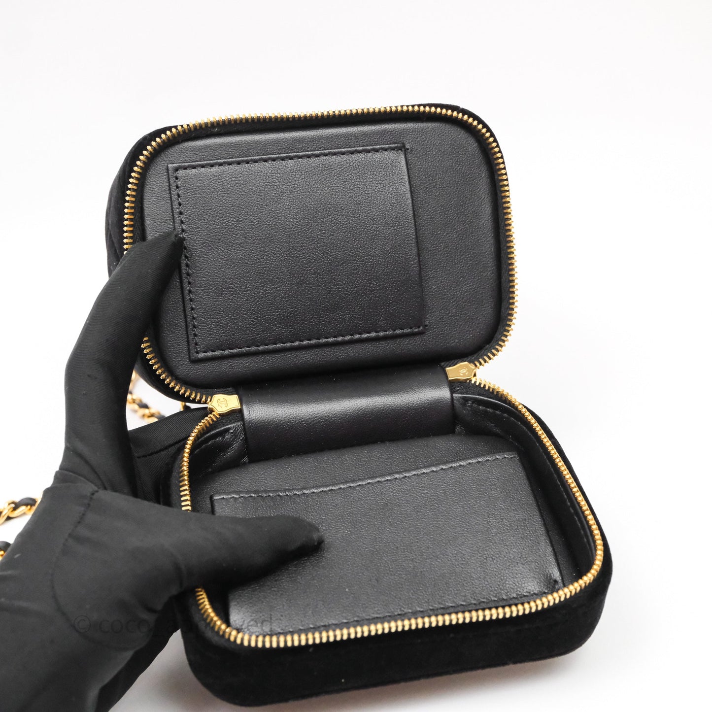 Chanel Top Handle Vanity With Chain Black Velvet Gold Hardware