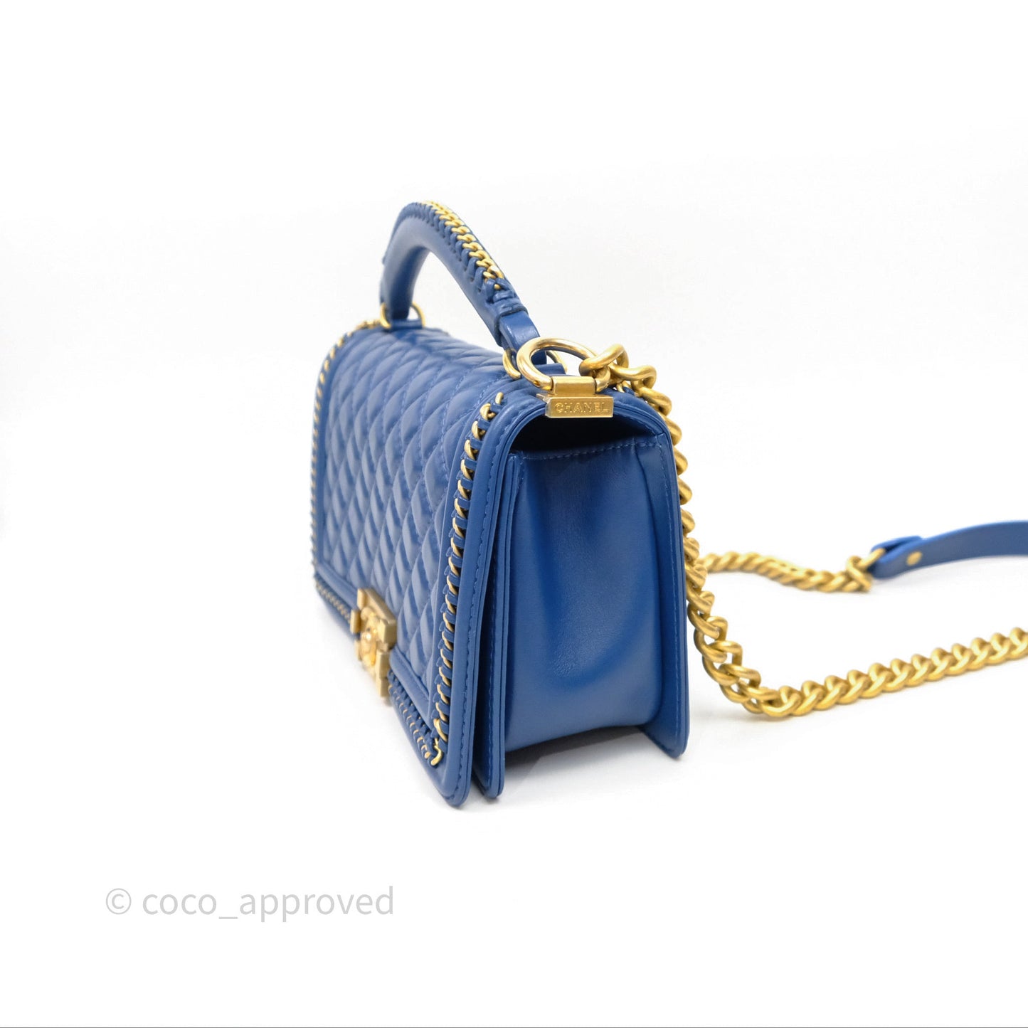Chanel Quilted Medium Boy With Handle Blue Calfskin Aged Gold Hardware