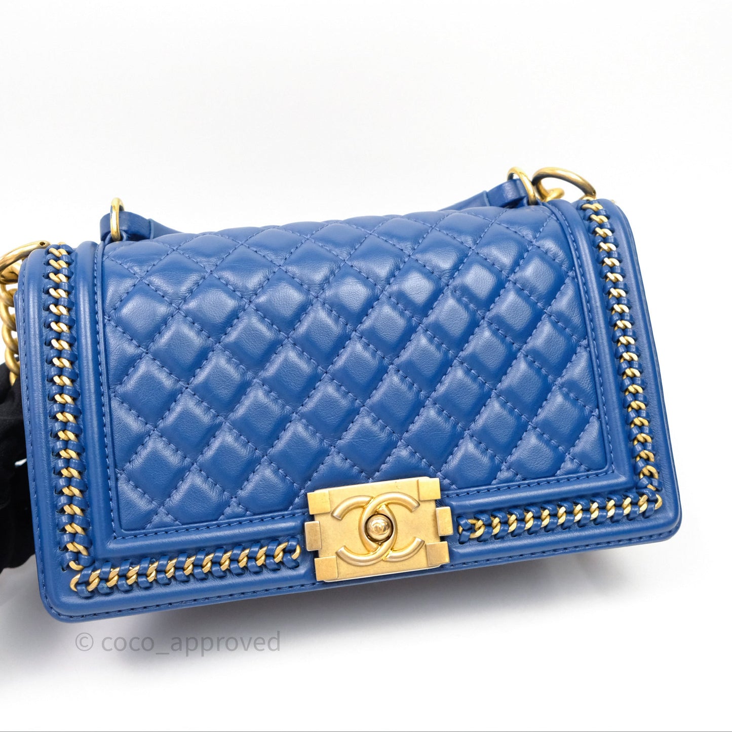 Chanel Quilted Medium Boy With Handle Blue Calfskin Aged Gold Hardware