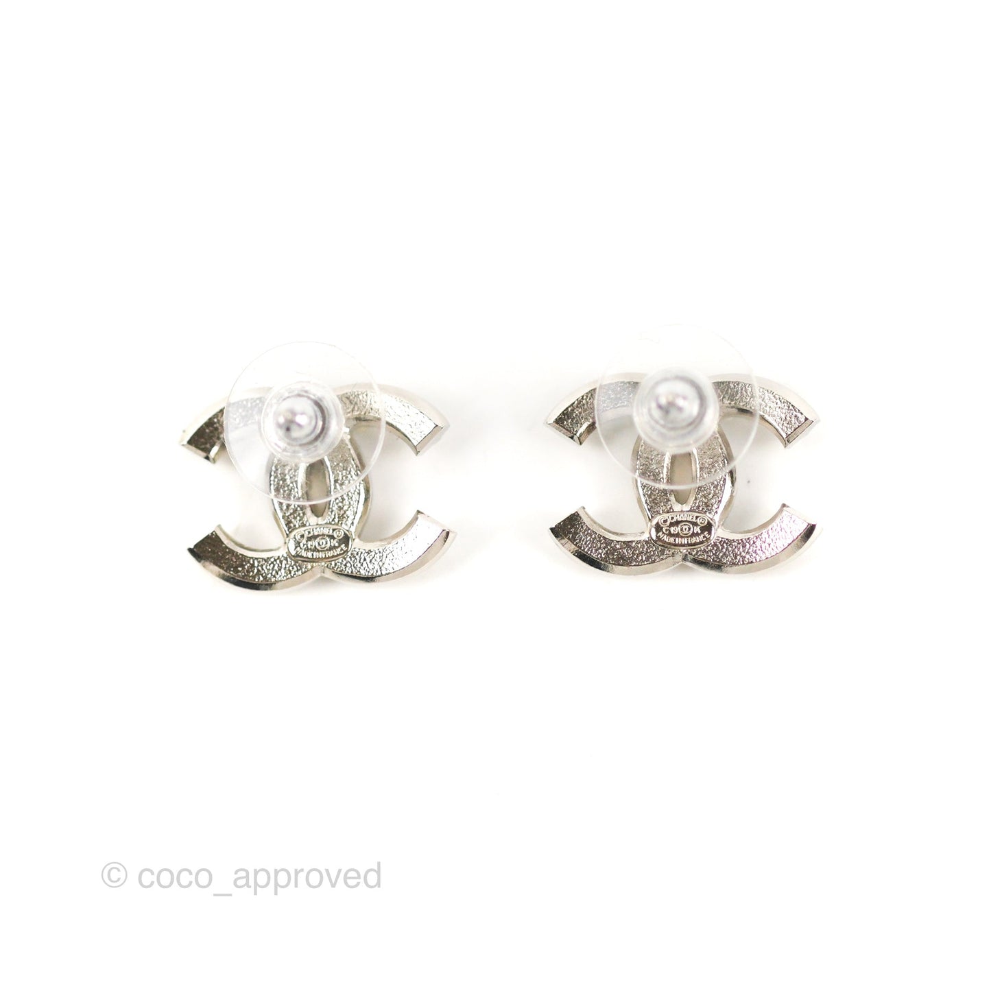 Chanel CC Pearl Crystal Earrings Silver Tone 19K