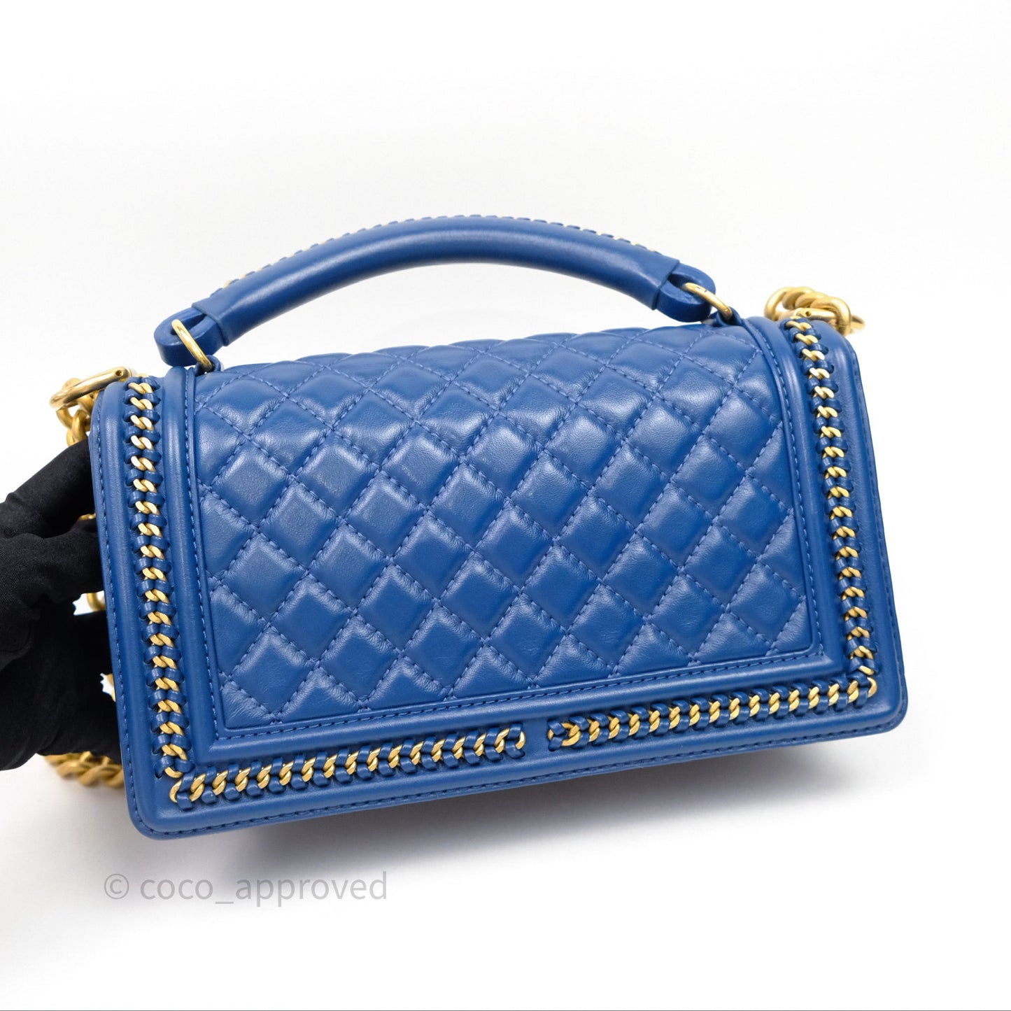 Chanel Quilted Medium Boy With Handle Blue Calfskin Aged Gold Hardware