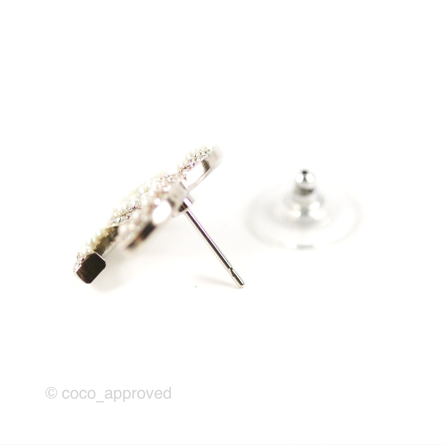 Chanel CC Pearl Crystal Earrings Silver Tone 19K